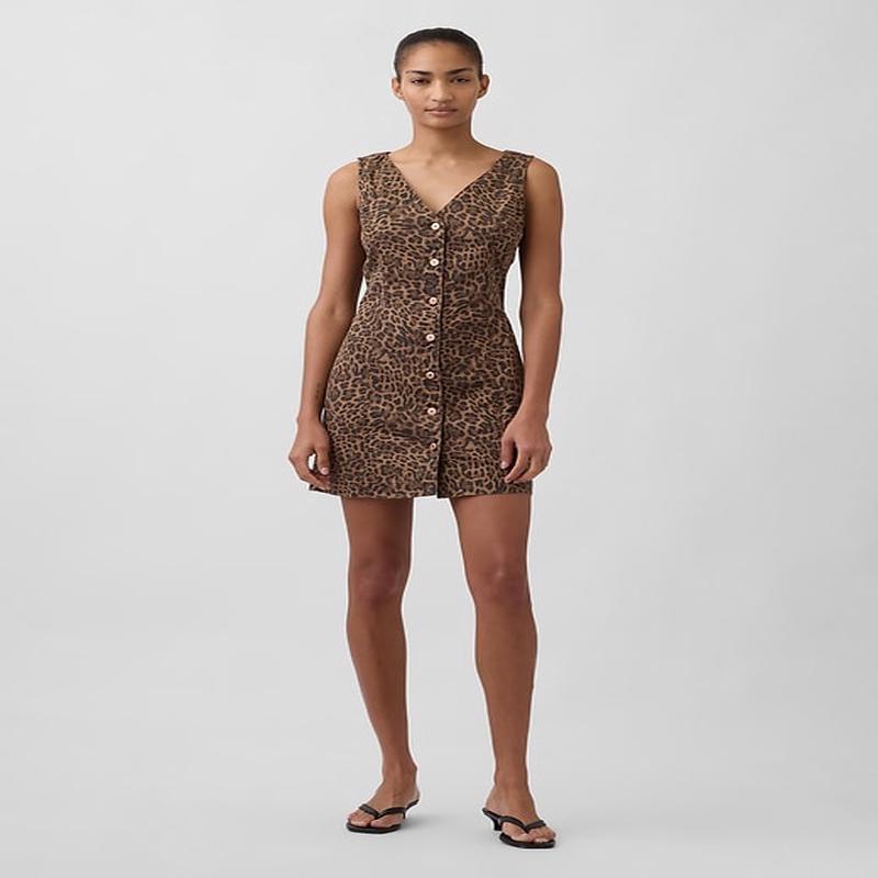 Leopard Denim V-Neck Mini Dress - Leopard Brown