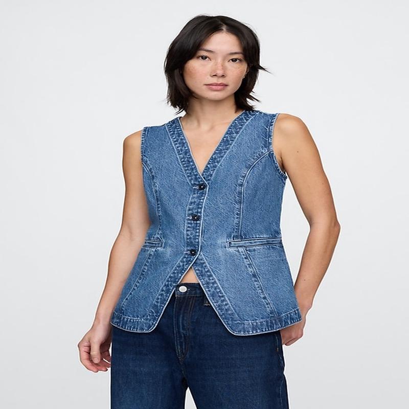 Longline Denim Vest - Medium Wash