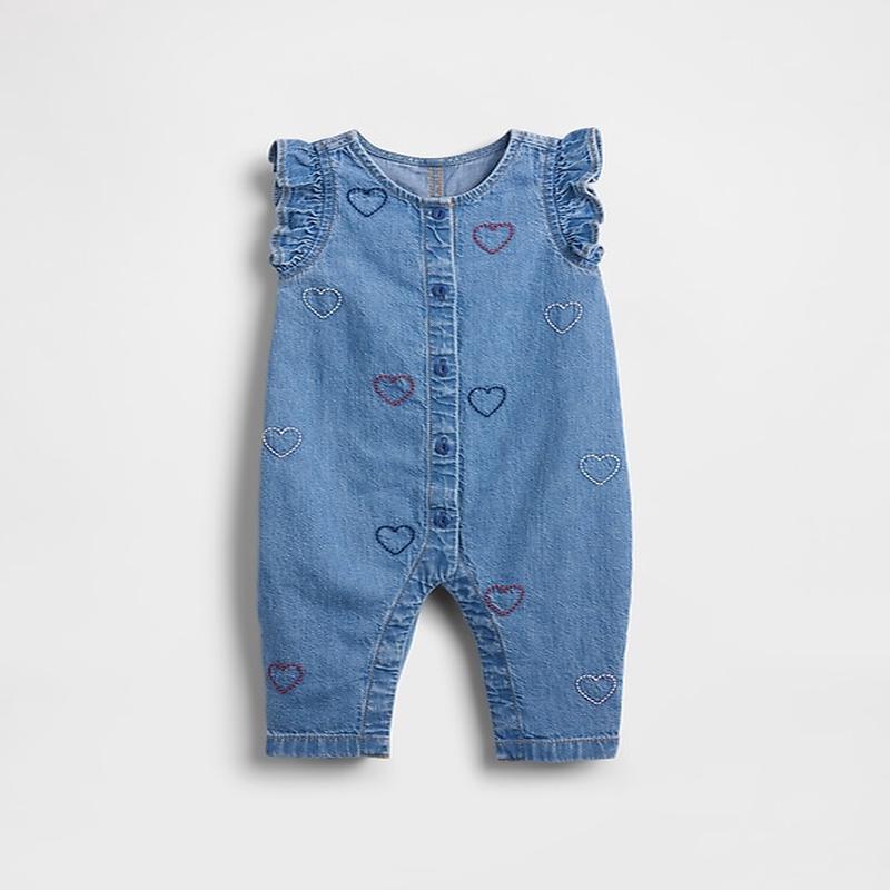 Baby Denim Embroidered Heart One-Piece - Medium Wash