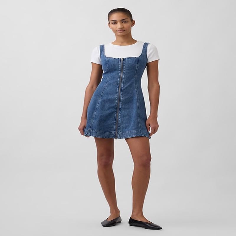 Denim Zip-Front Mini Dress - Medium Wash