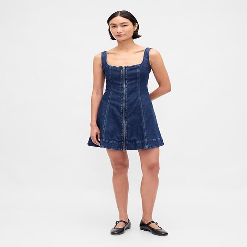 Denim Zip-Front Mini Dress - Rinsed Blue