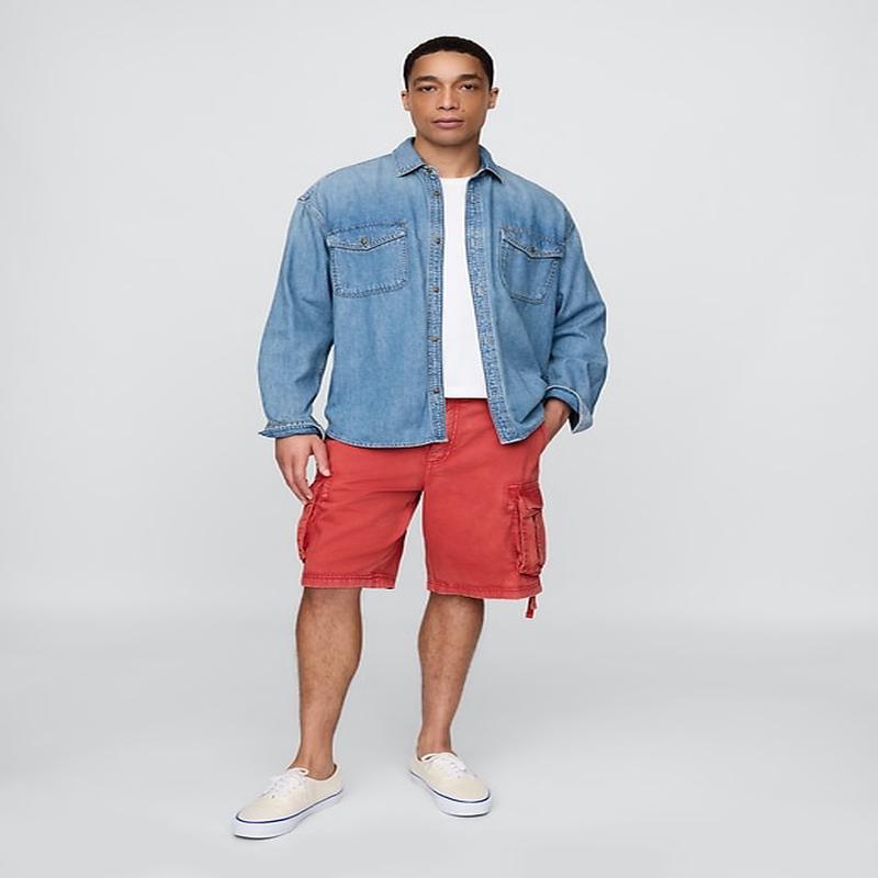Twill Cargo Baggy Shorts - Tomato Red