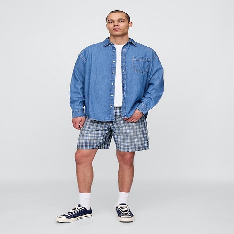 \'90s Loose Denim Plaid Shorts - Blue Plaid