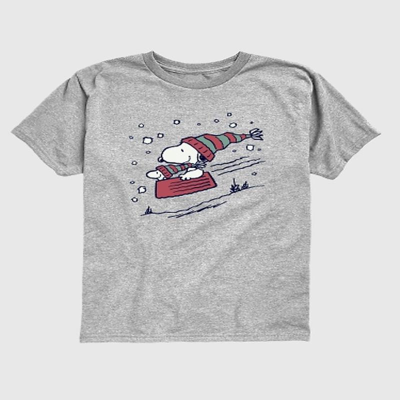 Toddler Peanuts Snoopy Sledding Short Sleeve Graphic Tee - Athletic Heather